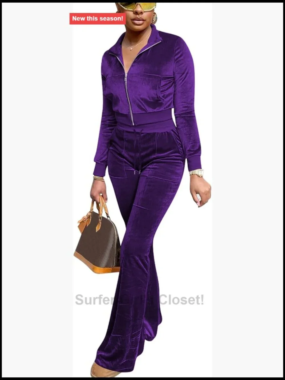 Women Velour 2 Piece Tracksuit Zip Up Jacket Flare Pants Sweatsuit